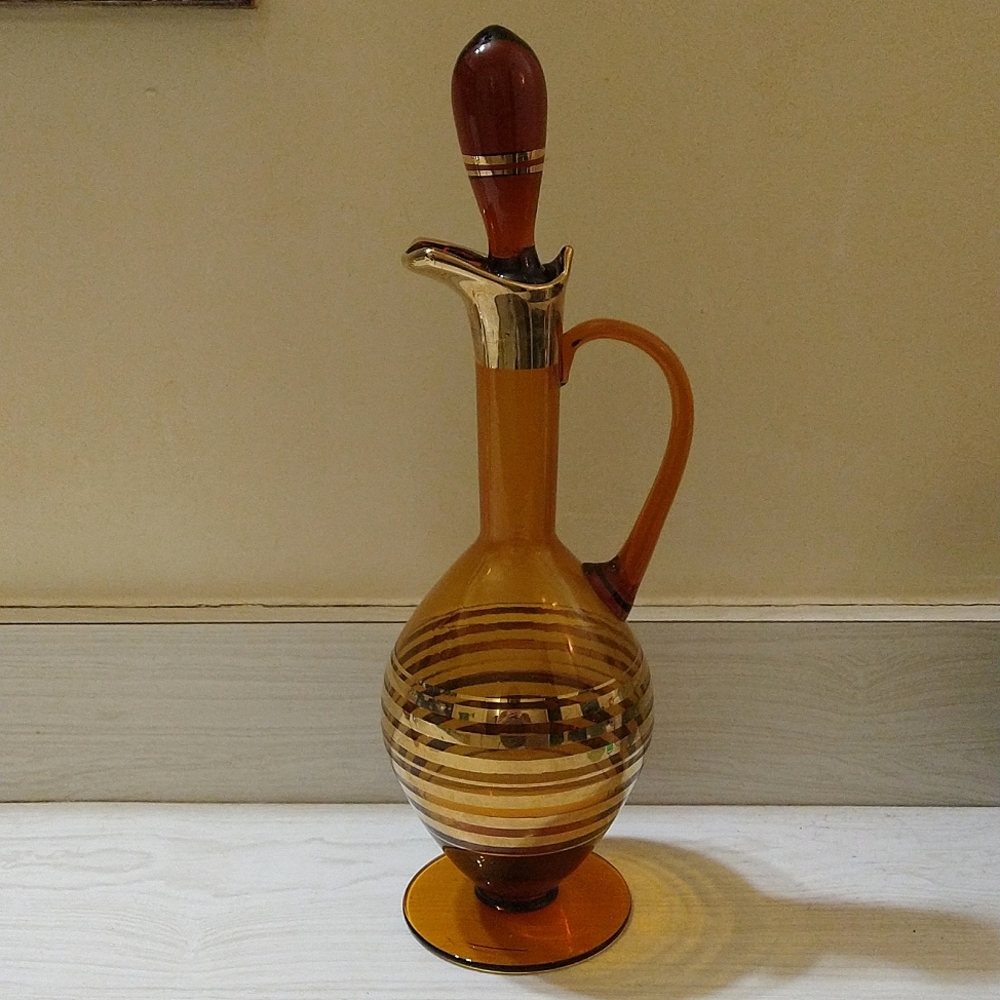 Vintage Art Deco 1920's/30's MCM Amber & Gold Striped Tall Wine Decanter